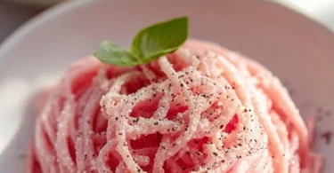 Bowl of creamy vegan pink pasta garnished with fresh basil and cherry tomatoes