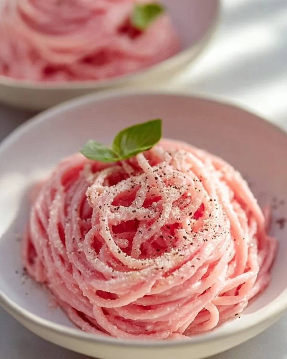 Bowl of creamy vegan pink pasta garnished with fresh basil and cherry tomatoes
