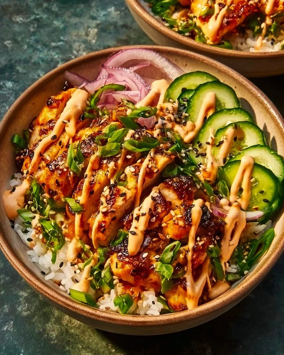Crispy chicken with spicy sauce served over jasmine rice, a savory dish.
