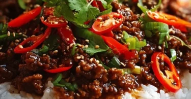 A delicious serving of crispy chilli beef rice garnished with fresh herbs.