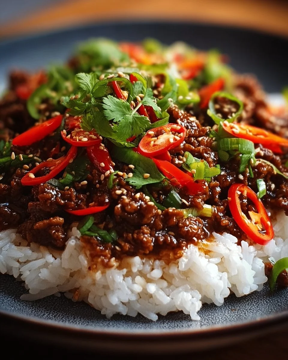 A delicious serving of crispy chilli beef rice garnished with fresh herbs.