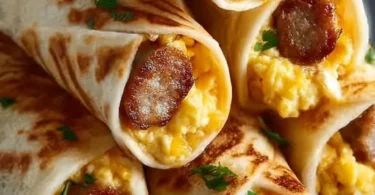Sausage, egg, and cheese breakfast roll-ups on a plate ready to serve.