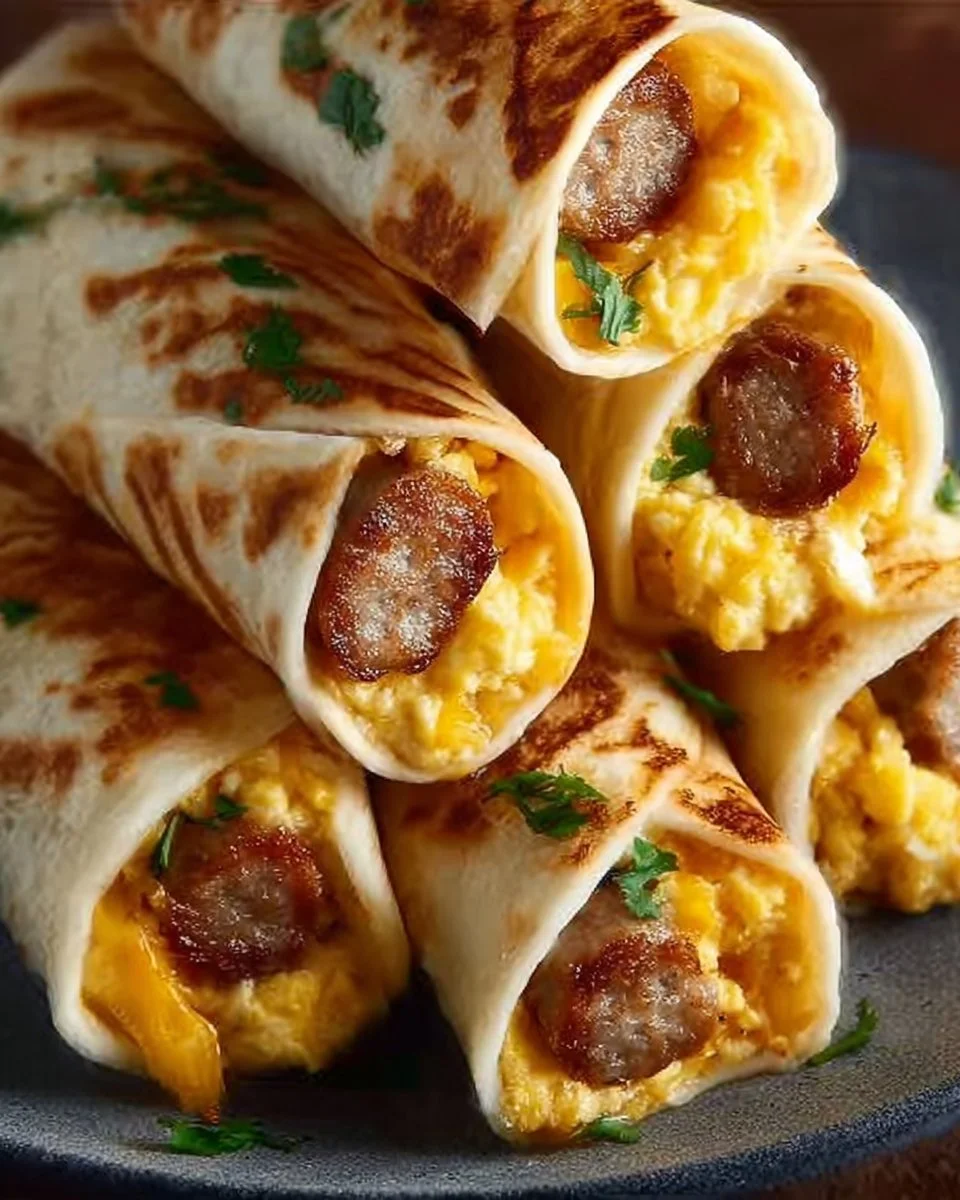 Sausage, egg, and cheese breakfast roll-ups on a plate ready to serve.