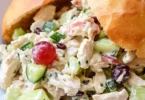 Delicious bowl of easy chicken salad with fresh vegetables and dressing