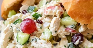 Delicious bowl of easy chicken salad with fresh vegetables and dressing