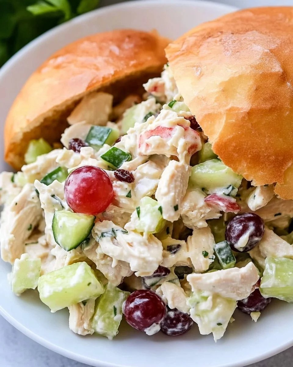 Delicious bowl of easy chicken salad with fresh vegetables and dressing