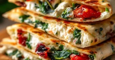 Delicious easy Mediterranean Quesadilla filled with fresh vegetables and cheese.