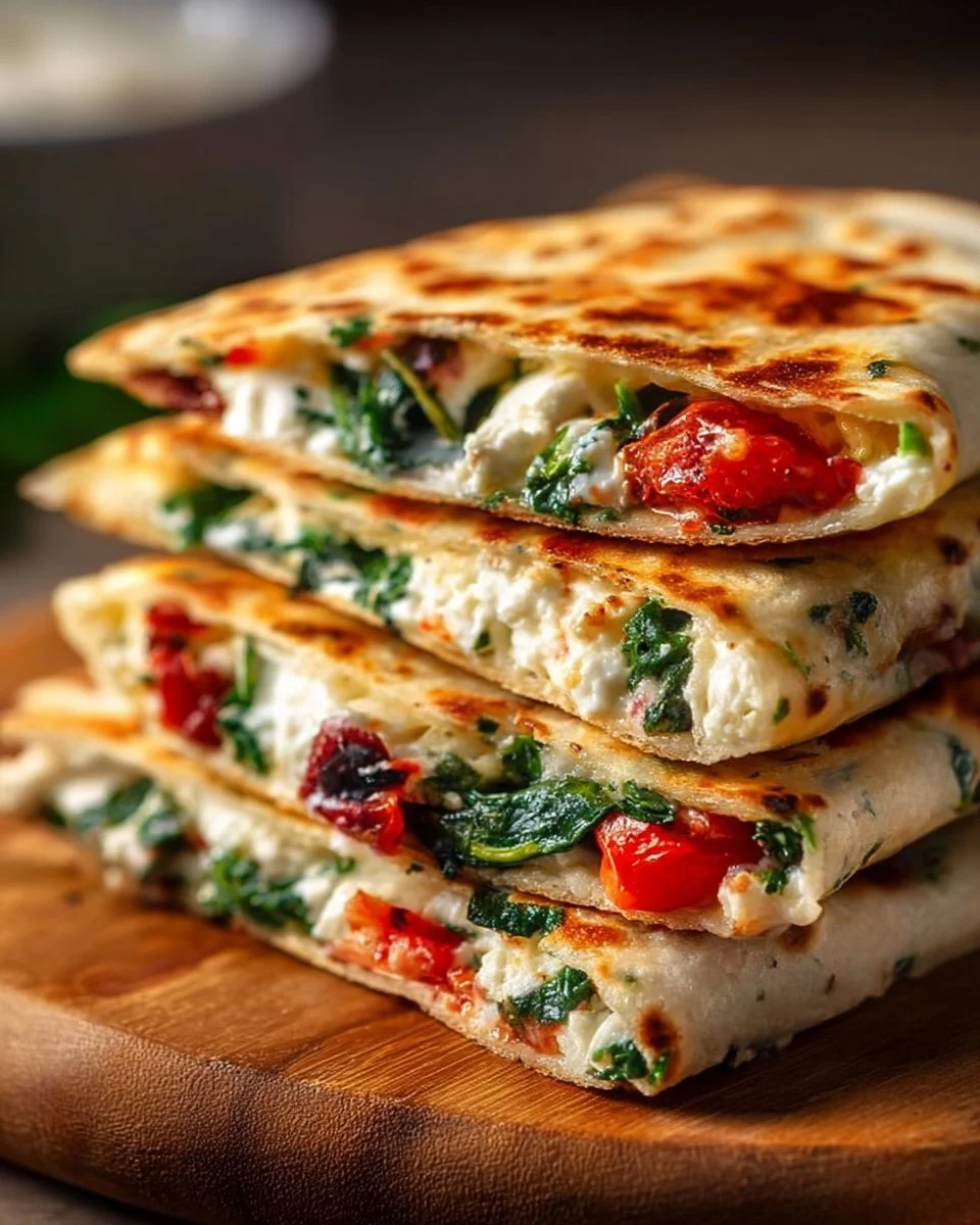 Delicious easy Mediterranean Quesadilla filled with fresh vegetables and cheese.