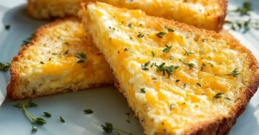 Delicious Egg and Cheese Toasts topped with herbs on a wooden table