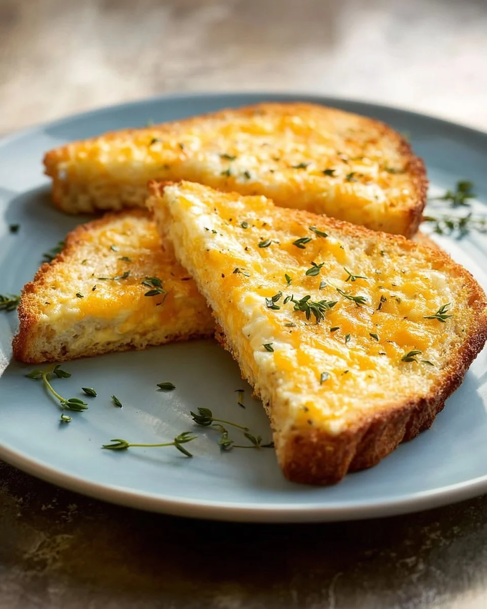 Delicious Egg and Cheese Toasts topped with herbs on a wooden table