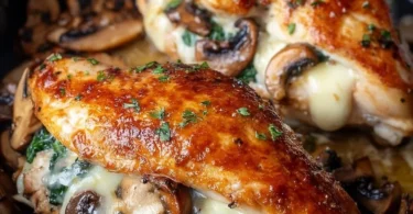 Delicious Mushroom Stuffed Chicken Breast plated with herbs
