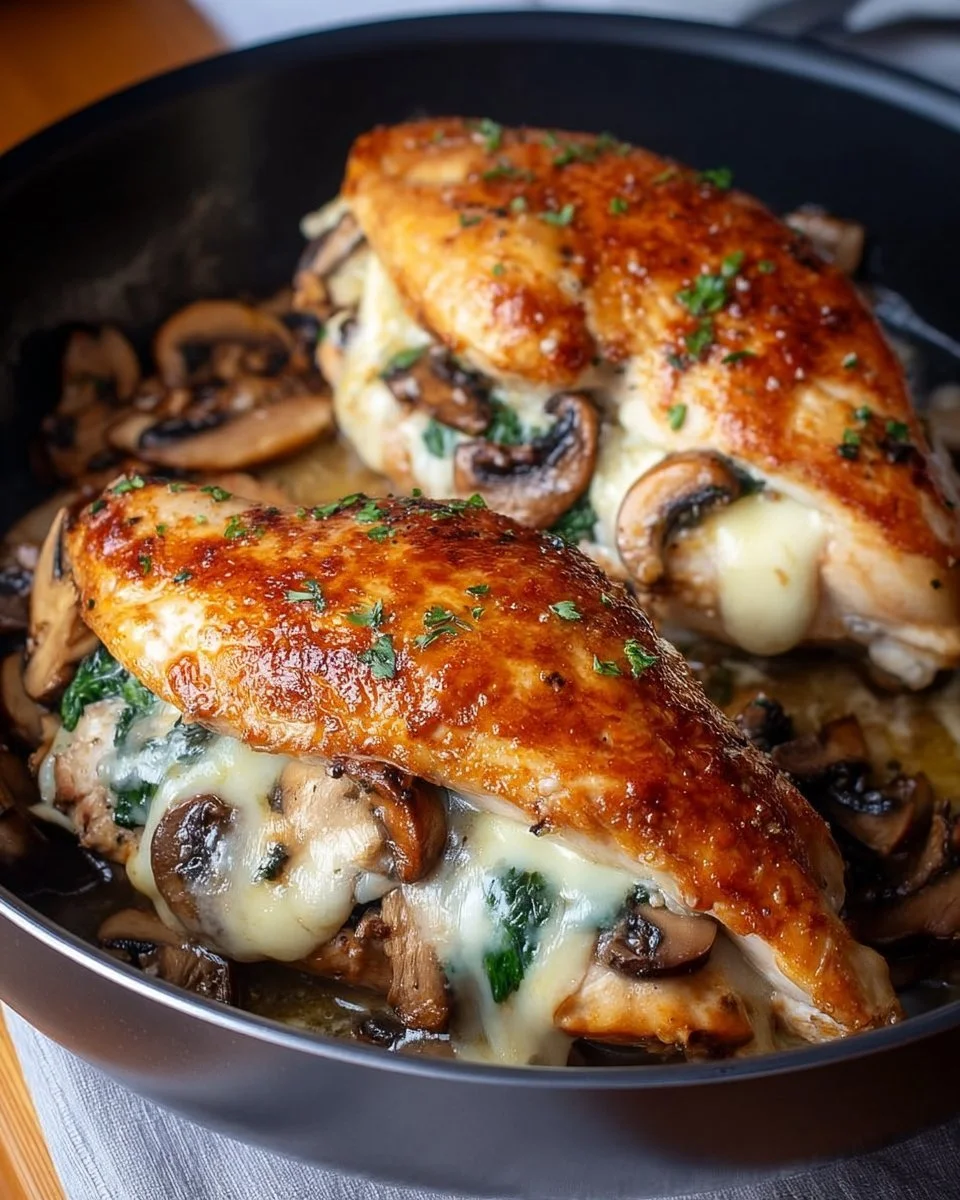 Delicious Mushroom Stuffed Chicken Breast plated with herbs