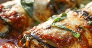 Fluffy Eggplant Rollatini Bake served in a dish with cheese and sauce