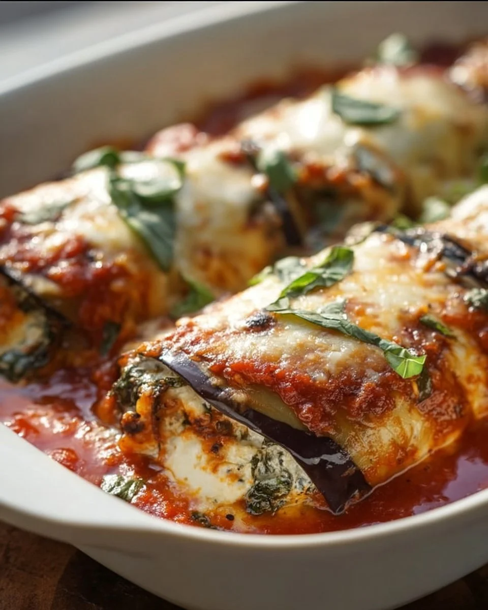 Fluffy Eggplant Rollatini Bake served in a dish with cheese and sauce