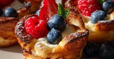 Delicious French Toast Cups topped with syrup and berries