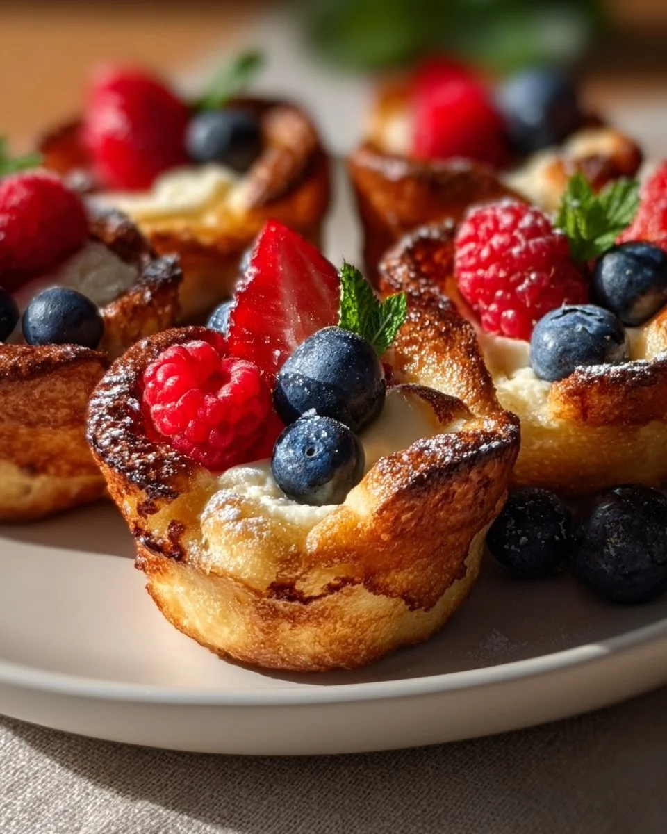Delicious French Toast Cups topped with syrup and berries
