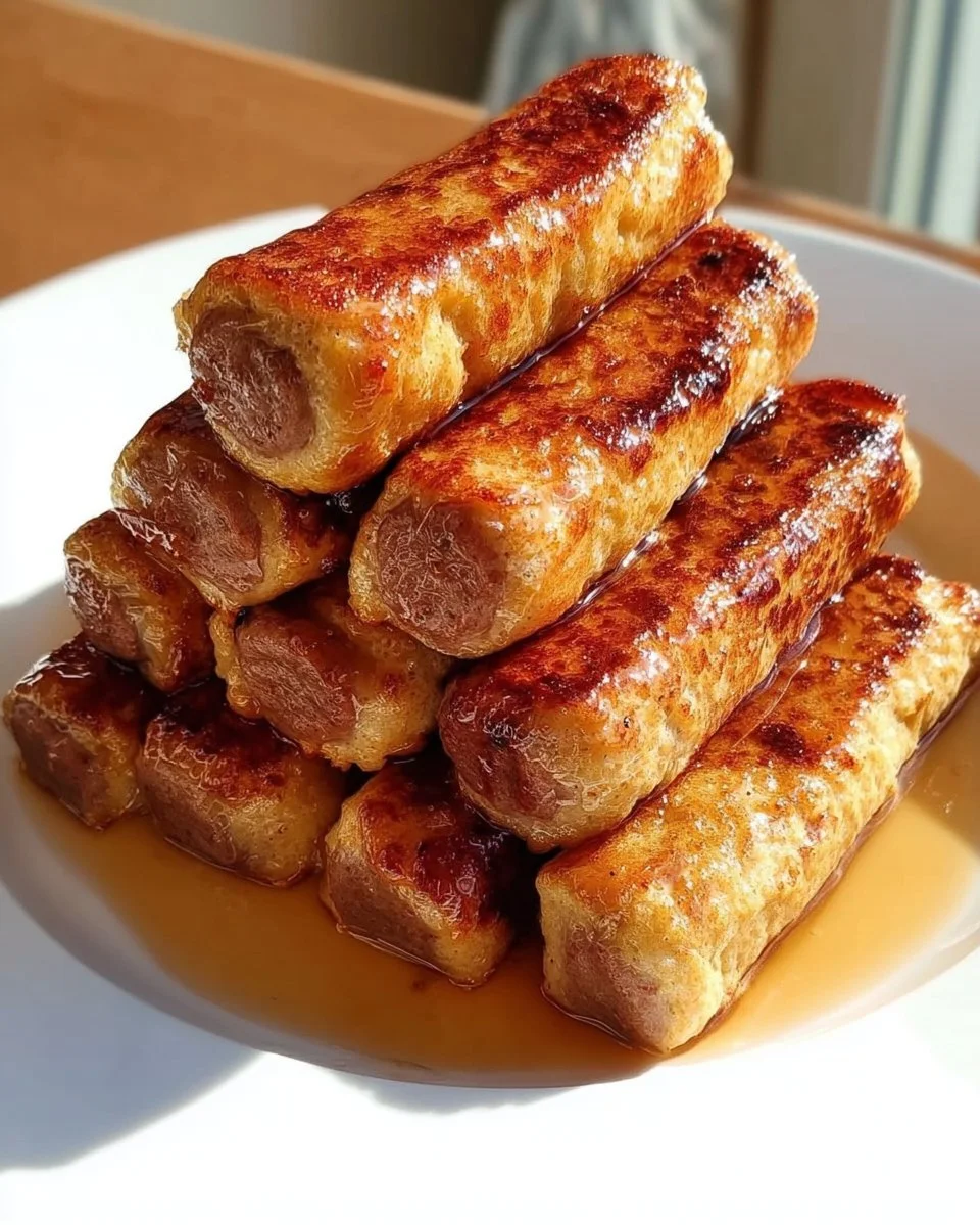 Delicious French Toast Roll-Ups served on a plate with syrup.