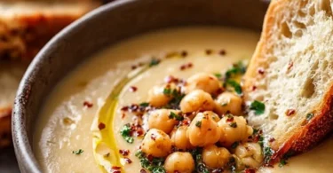 A bowl of delicious garlic chickpea soup garnished with herbs.