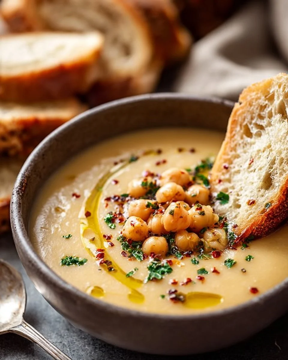 A bowl of delicious garlic chickpea soup garnished with herbs.