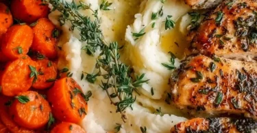 Garlic Herb Chicken with mashed potatoes and glazed carrots on a plate