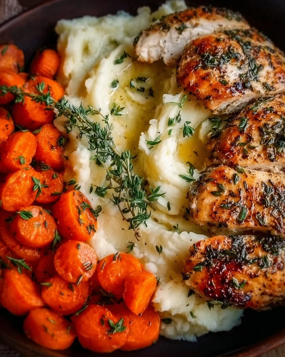 Garlic Herb Chicken with mashed potatoes and glazed carrots on a plate