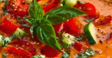 Bowl of fresh gazpacho topped with herbs and vegetables, a refreshing summer soup