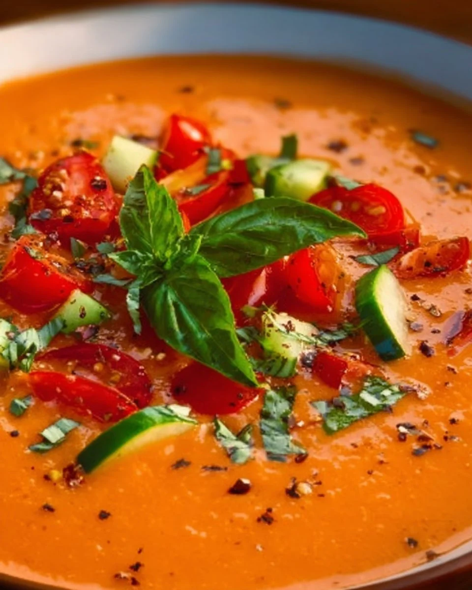 Bowl of fresh gazpacho topped with herbs and vegetables, a refreshing summer soup