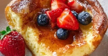 Fluffy German pancakes served with powdered sugar and fresh fruit in a skillet.