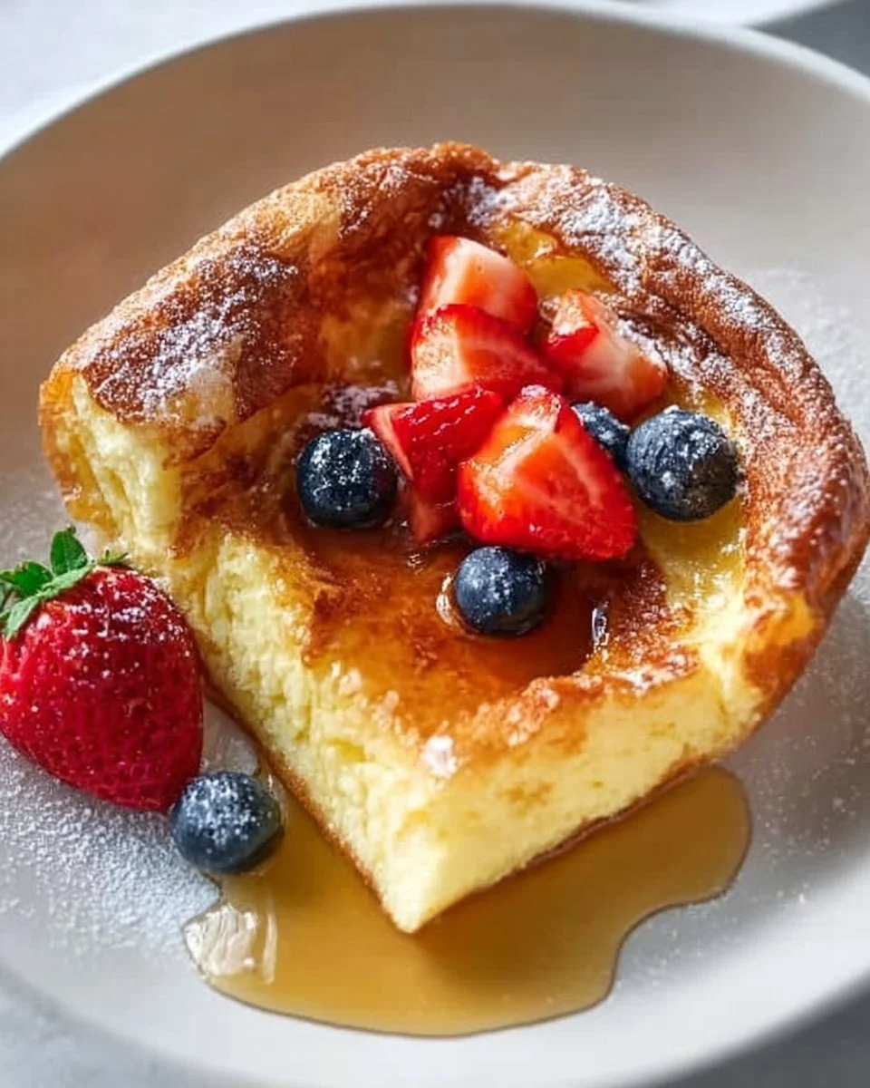 Fluffy German pancakes served with powdered sugar and fresh fruit in a skillet.