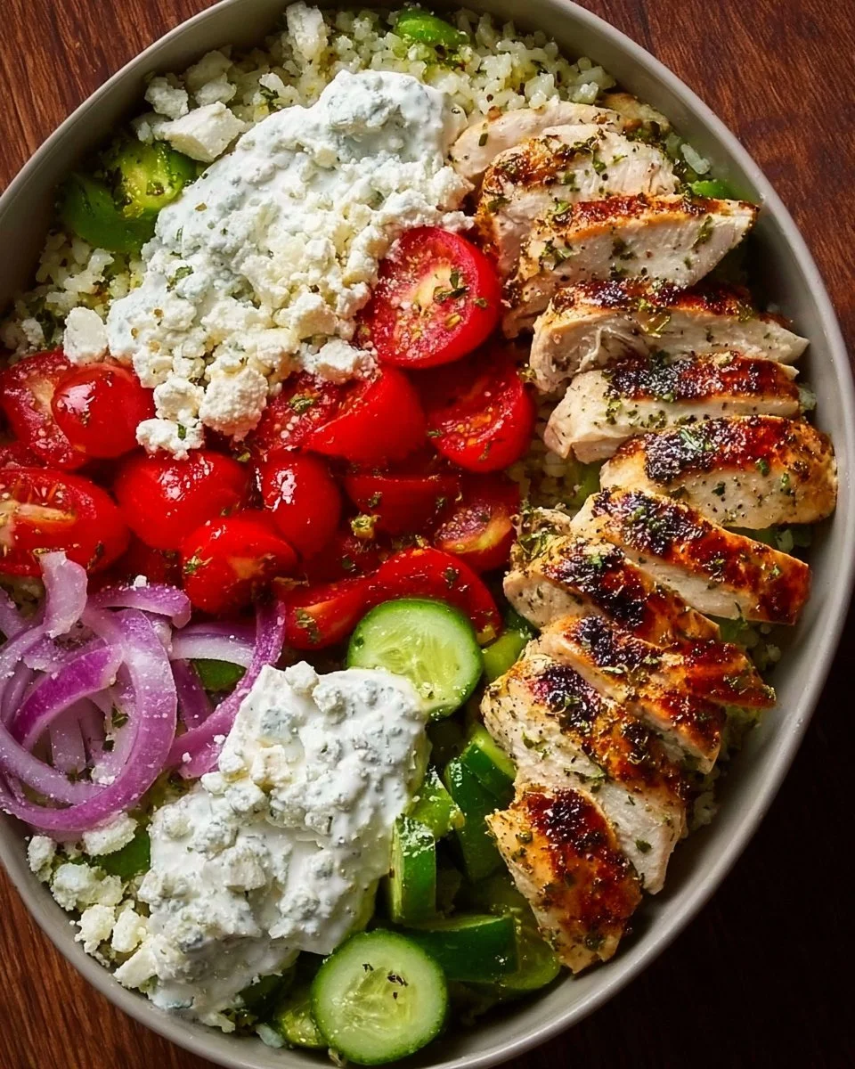 Healthy Greek Chicken Bowl with fresh vegetables and tzatziki sauce