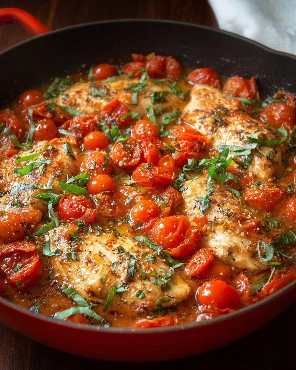 Healthy Chicken Pomodoro Skillet with tomatoes and herbs