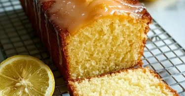 Slice of healthy Greek yogurt lemon loaf cake on a plate