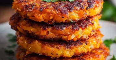 Healthy sweet potato hash browns served on a plate with herbs.