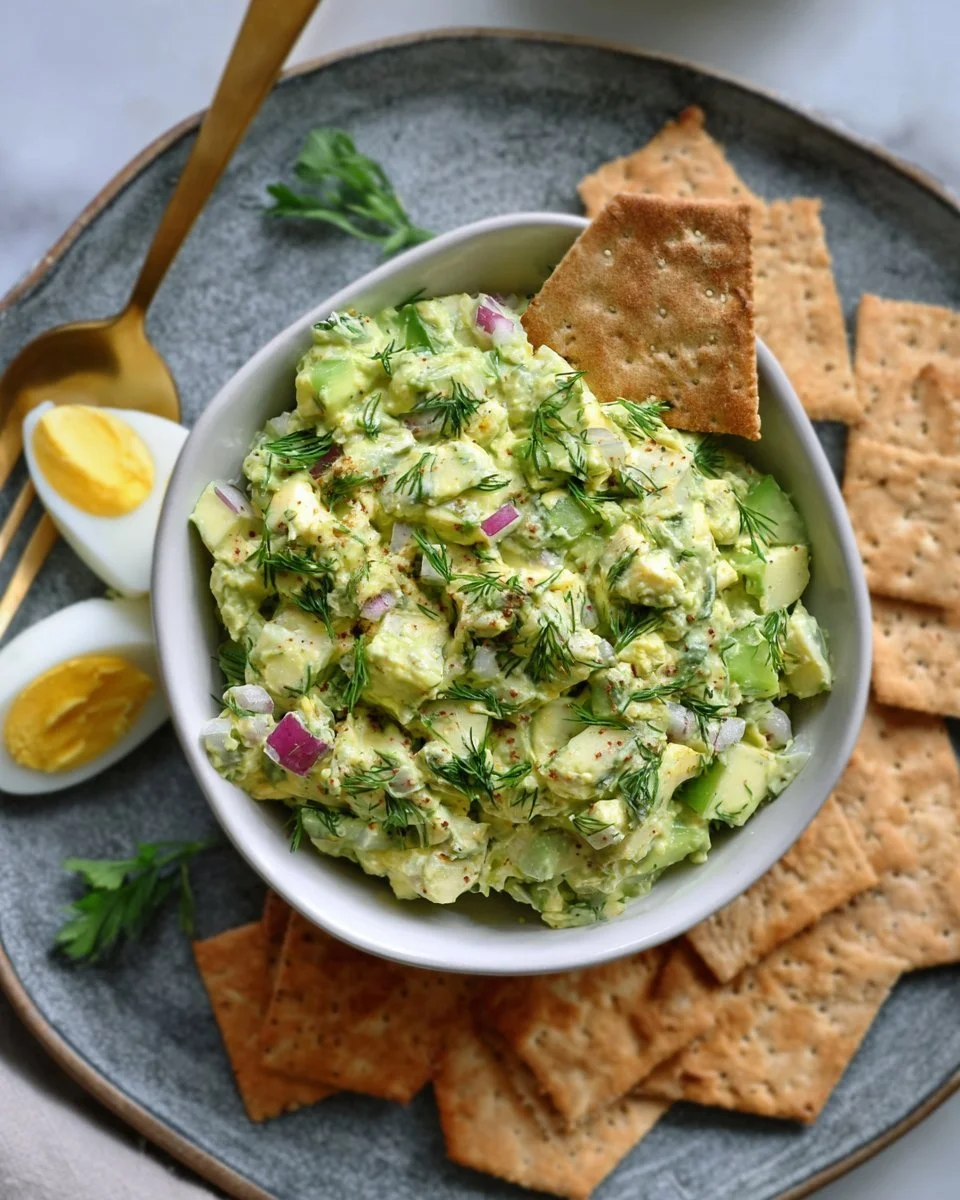 Herby avocado egg salad in a bowl, garnished with fresh herbs.