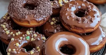 Delicious homemade chocolate donuts topped with chocolate glaze.