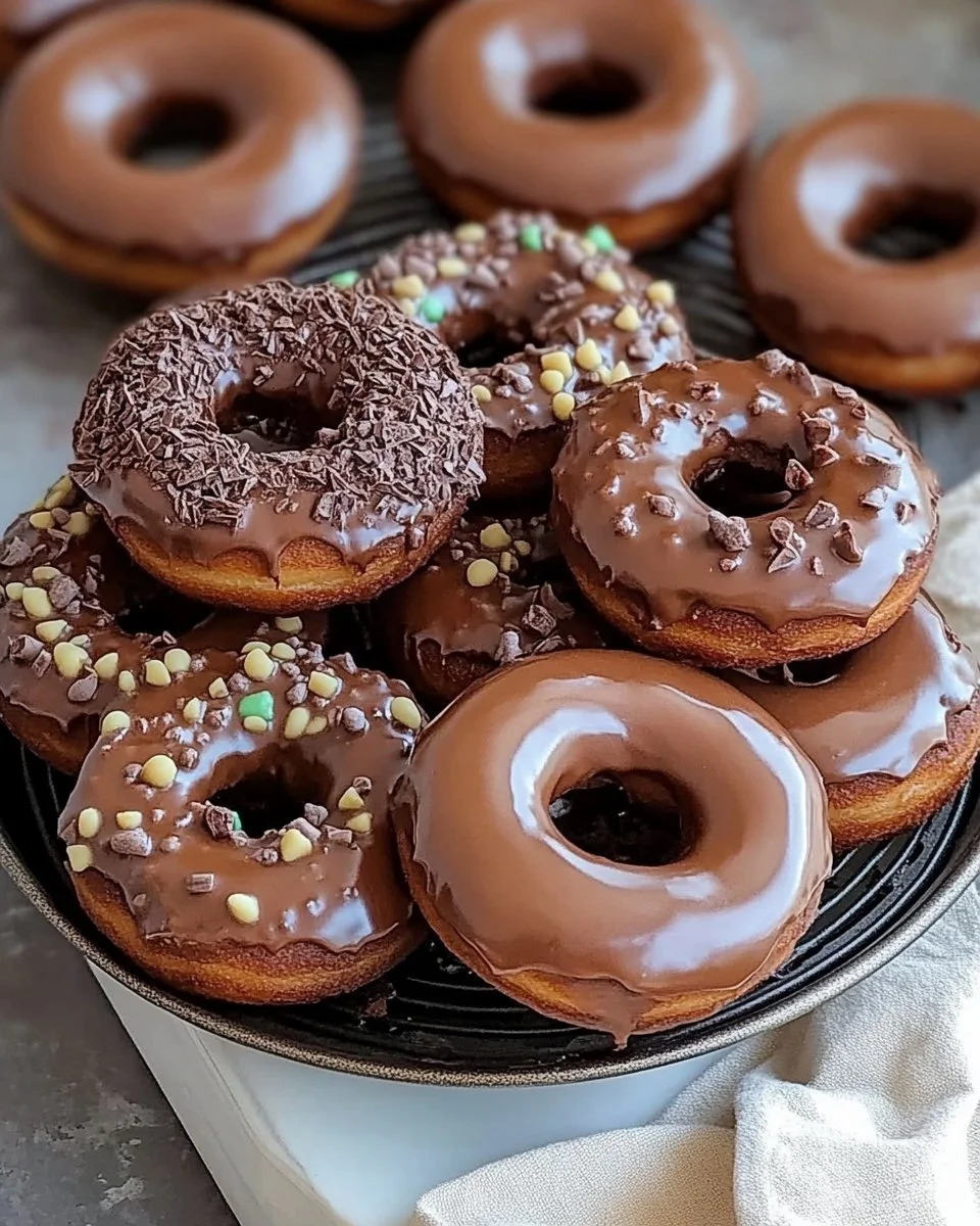 Delicious homemade chocolate donuts topped with chocolate glaze.
