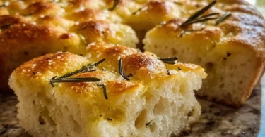 Freshly baked homemade gluten-free focaccia bread topped with herbs and olive oil.