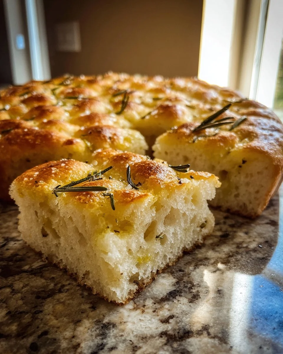 Freshly baked homemade gluten-free focaccia bread topped with herbs and olive oil.