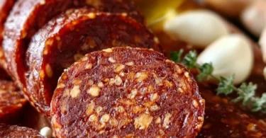 Homemade vegan salami slices on a wooden cutting board