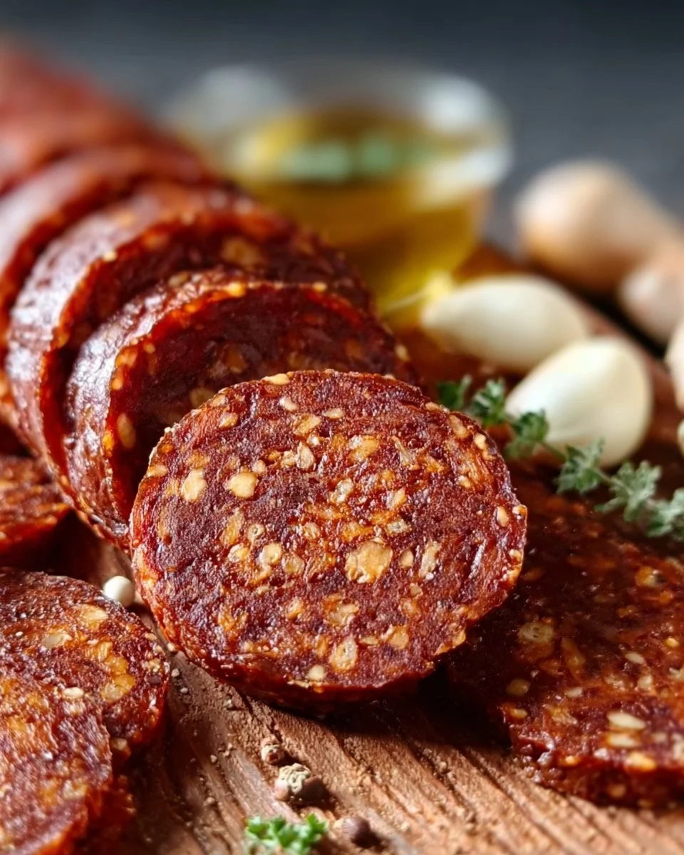 Homemade vegan salami slices on a wooden cutting board