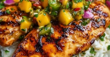 Honey Lime Chicken served with fresh mango salsa on a plate