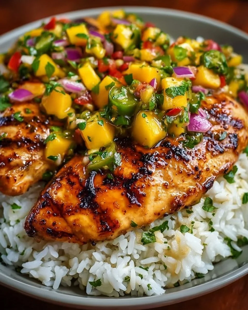Honey Lime Chicken served with fresh mango salsa on a plate