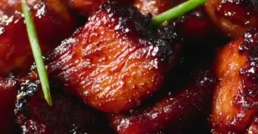 Deliciously glazed Char Siu Chicken on a plate with fresh vegetables
