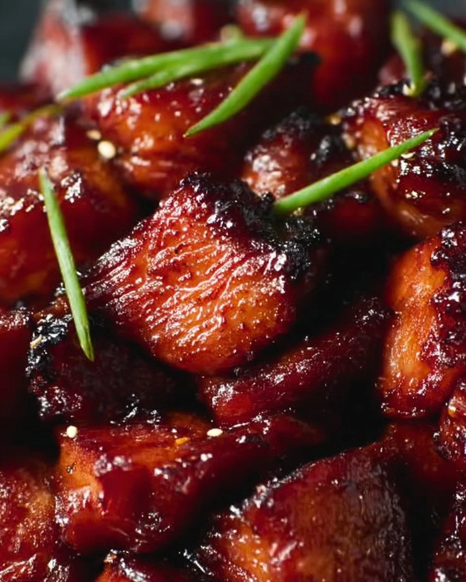 Deliciously glazed Char Siu Chicken on a plate with fresh vegetables