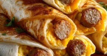Cheesy sausage egg breakfast roll-ups on a plate, ideal for a quick breakfast