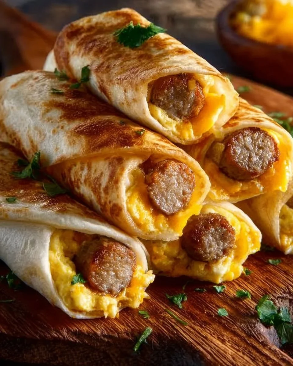 Cheesy sausage egg breakfast roll-ups on a plate, ideal for a quick breakfast