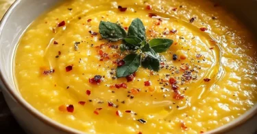 A bowl of Lebanese Lemon Lentil Soup garnished with fresh herbs and lemon slices.
