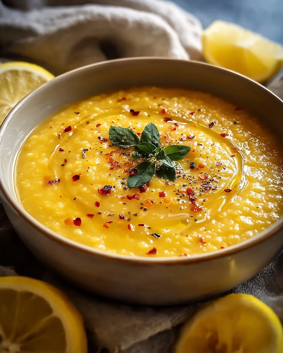 A bowl of Lebanese Lemon Lentil Soup garnished with fresh herbs and lemon slices.