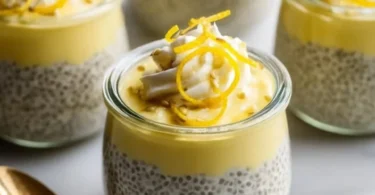 Delicious Lemon Chia Pudding served in a glass with fresh lemon slices