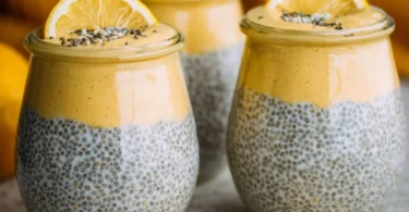 Lemon Cream Chia Pudding made with Oat Milk and topped with fresh ingredients.